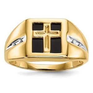 14k Yellow Gold Genuine Fine Jewelry  Onyx & Diamond Cross Mens Ring